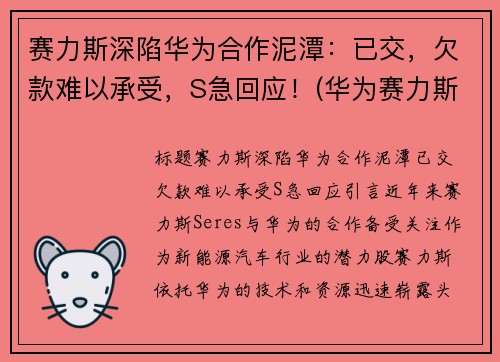 赛力斯深陷华为合作泥潭：已交，欠款难以承受，S急回应！(华为赛力斯卖的怎么样)