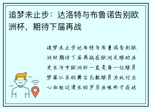 追梦未止步：达洛特与布鲁诺告别欧洲杯，期待下届再战