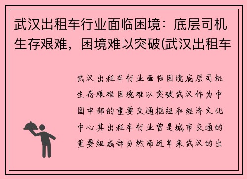 武汉出租车行业面临困境：底层司机生存艰难，困境难以突破(武汉出租车生意惨淡)