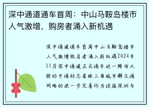 深中通道通车首周：中山马鞍岛楼市人气激增，购房者涌入新机遇