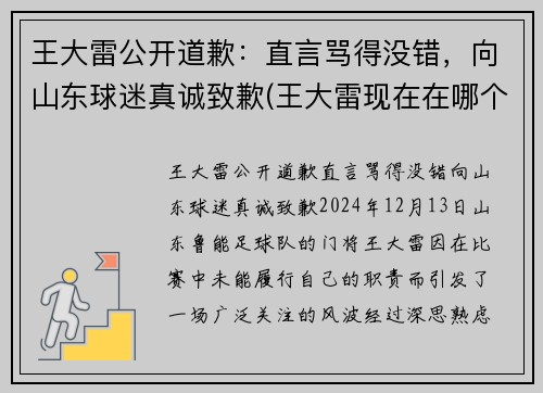 王大雷公开道歉：直言骂得没错，向山东球迷真诚致歉(王大雷现在在哪个球队)