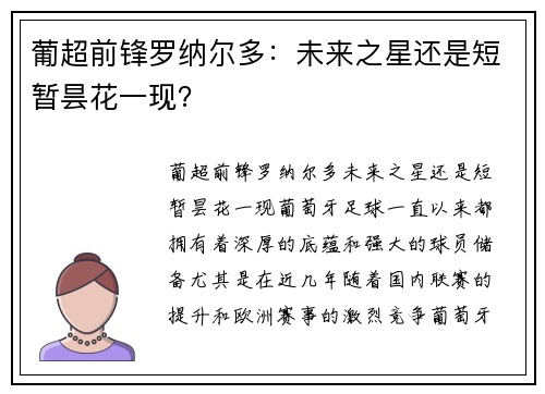葡超前锋罗纳尔多：未来之星还是短暂昙花一现？