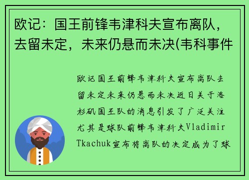 欧记：国王前锋韦津科夫宣布离队，去留未定，未来仍悬而未决(韦科事件)