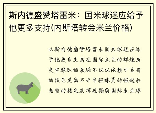 斯内德盛赞塔雷米：国米球迷应给予他更多支持(内斯塔转会米兰价格)
